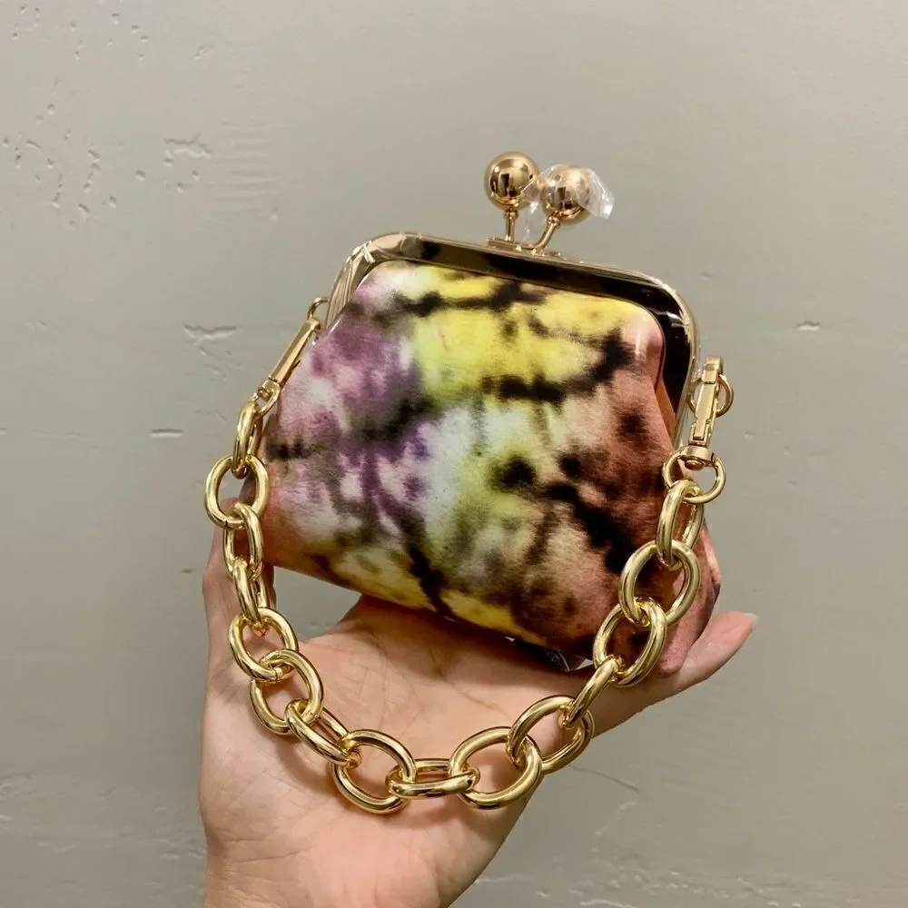 Handmade Genuine Leather  Tie-dye Print Kisslock Wallet/Wristlet/Coin purse